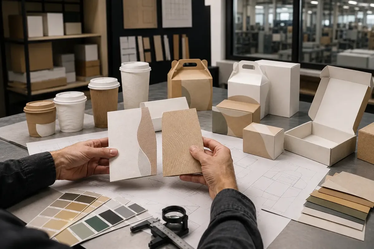 OEM paper packaging design review with custom cups, boxes, samples and dielines